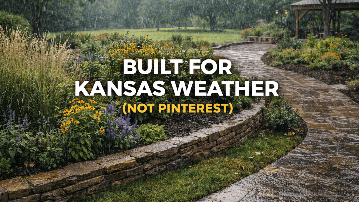 Rain falling on ornamental grasses and perennials along a dry-stone retaining wall and flagstone path, planting built for Kansas weather
