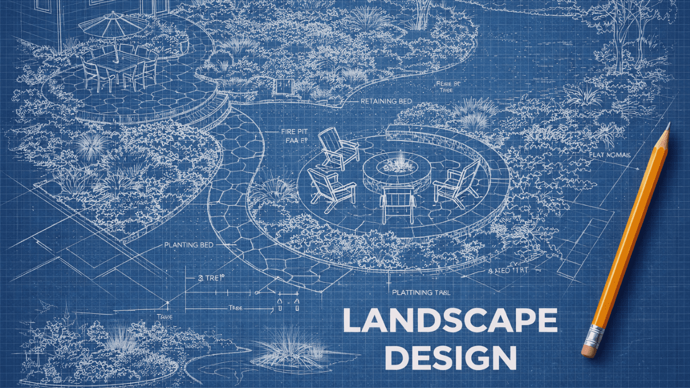 Landscape design plan drawn on blueprint paper with planting beds, trees and a patio marked out