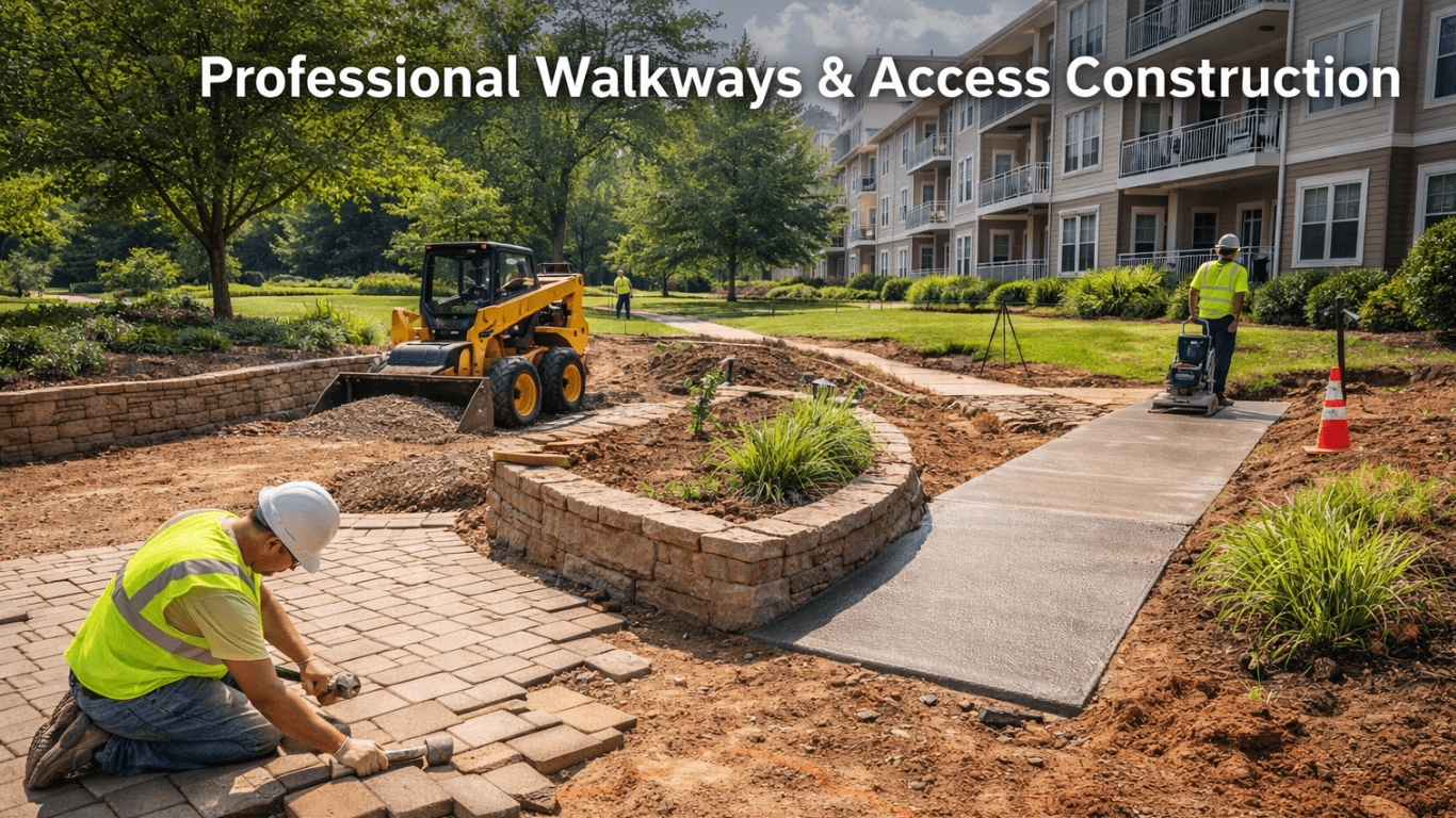 _Professional Walkways & Access Construction Professional walkway and access construction with concrete paths and stone pavers for HOA and commercial properties in Johnson County, Kansas.