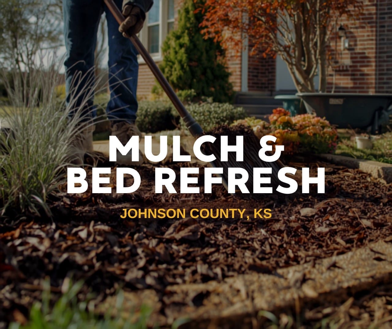 Mulch refresh and bed cleanup in Johnson County KS - landscaper raking fresh mulch into a planting bed
