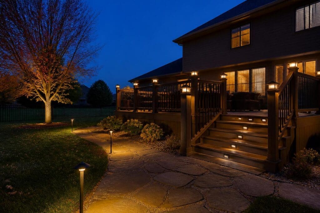 Deck with lit stair risers and post cap lights, and path lights along a flagstone walk at dusk