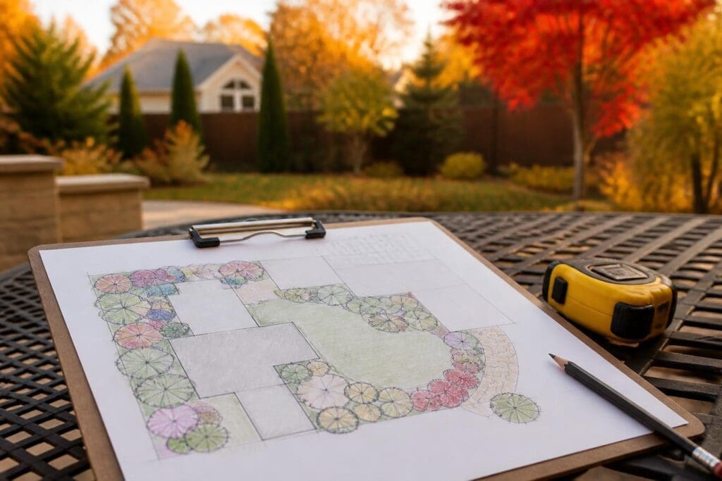 Hand-drawn landscape plan on a clipboard on a patio table with a fall backyard behind it